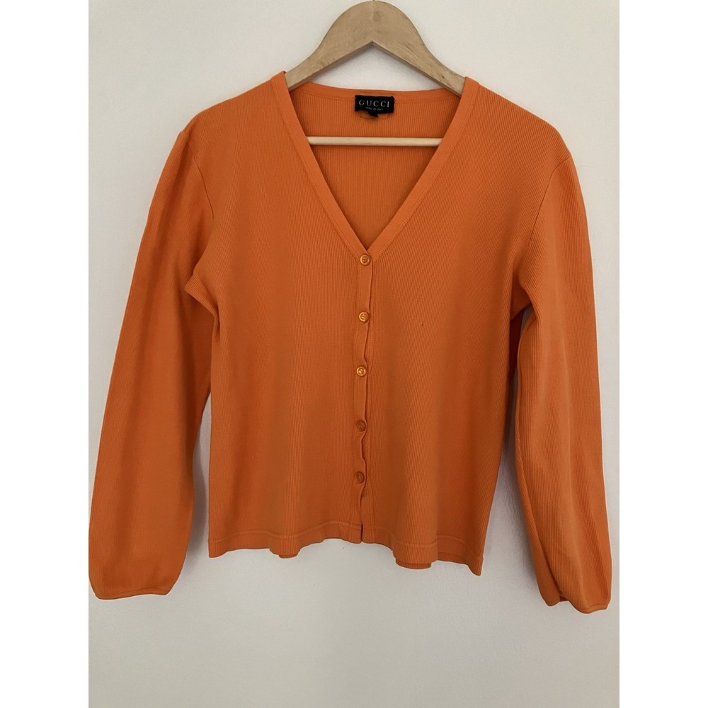 Gucci VTG Orange Ribbed Knit Cotton Blend Button Down Shirt Sz  L Authenticated